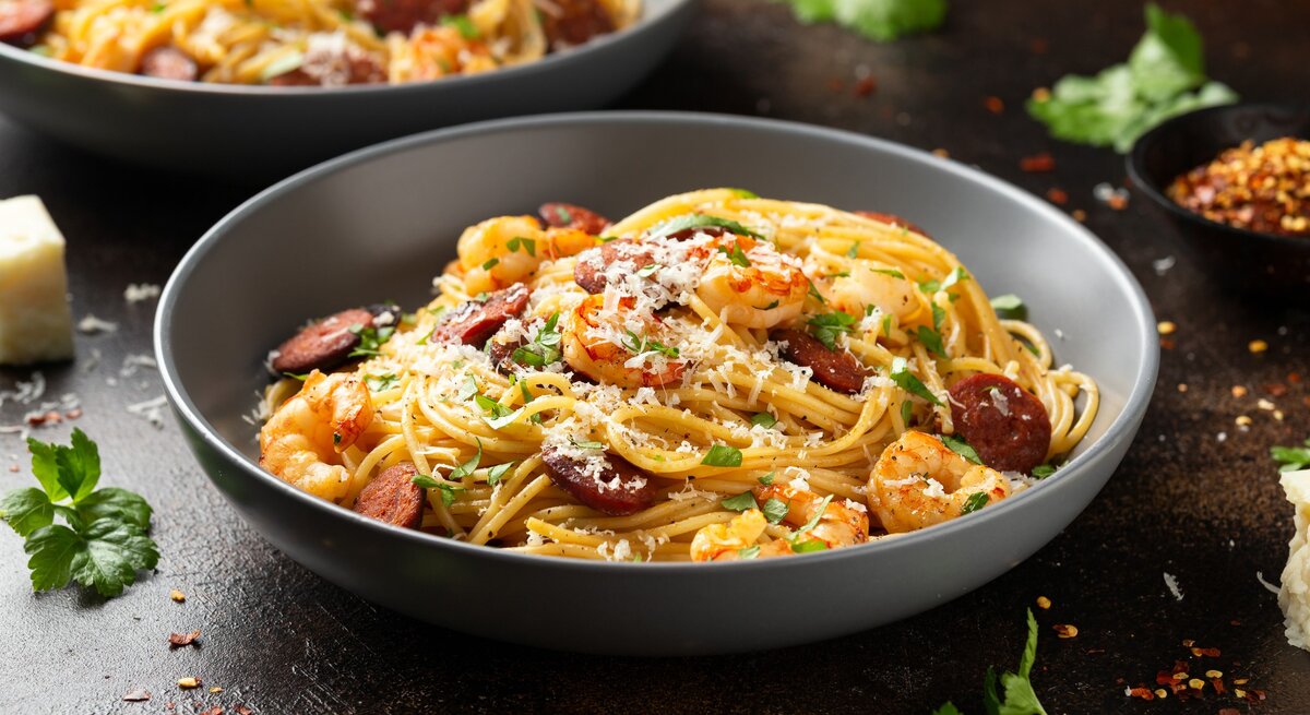 Ein grauer Teller mit der Garnelen- und Chorizopasta auf einem dunklen Holztisch mit vielen Kräutern und Käse bestreut.