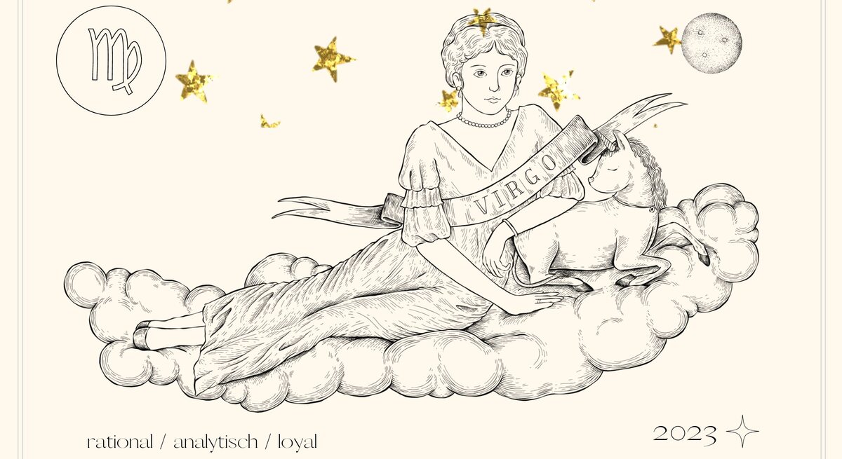 Jahreshoroskop Jungfrau: Astrologisches Symbol des Sternzeichens Jungfrau vor pastellgelbem Hintergrund.
