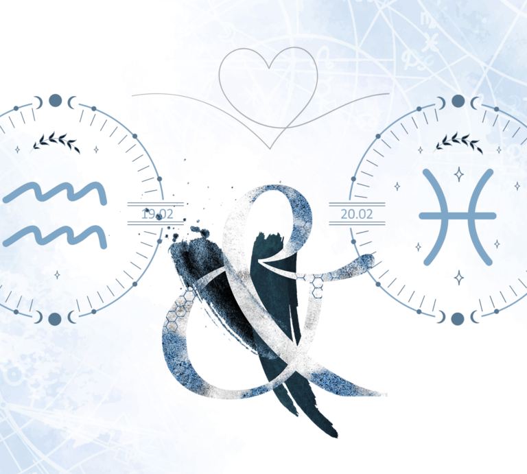 Die astrologischen Symbole der Sternzeichen Wassermann und Fische vor einer hellblauen Aquarellzeichnung. | © Shutterstock, GettyImages