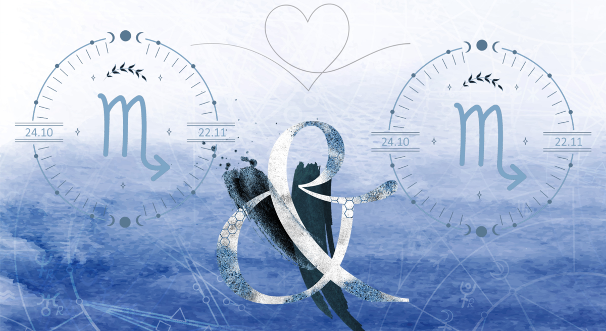 Eine Illustration der astrologischen Symbole des Sternzeichens Skorpion vor dem Hintergrund einer blauen Aquarellzeichnung.