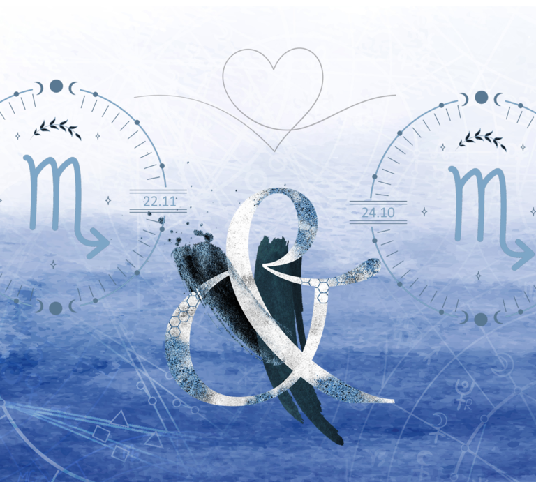 Eine Illustration der astrologischen Symbole des Sternzeichens Skorpion vor dem Hintergrund einer blauen Aquarellzeichnung. | © Shutterstock, Getty Images [M]