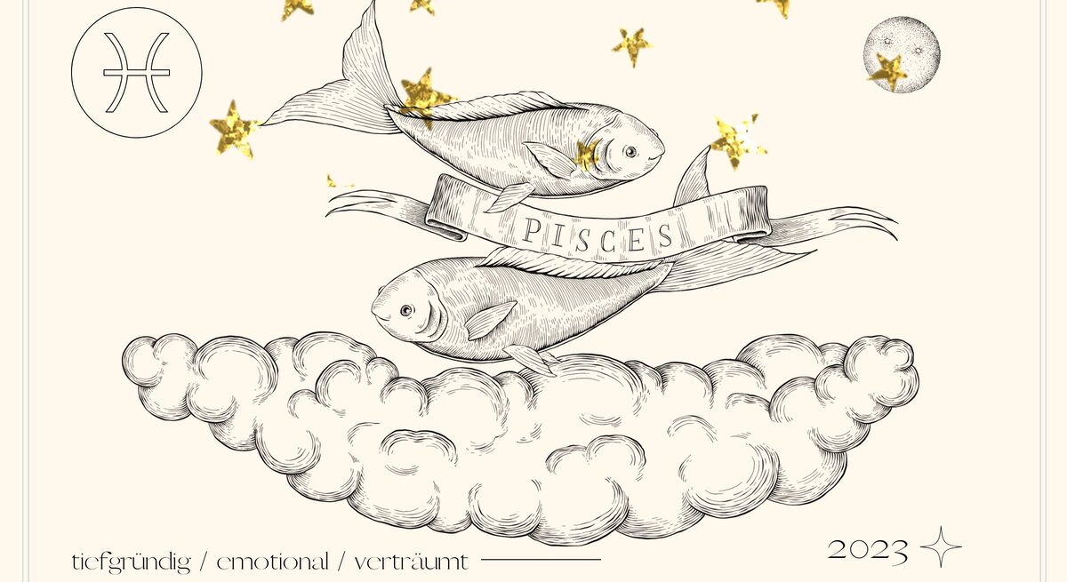 Jahreshoroskop Fische: Astrologisches Symbol des Sternzeichens Fische vor pastellgelbem Hintergrund.