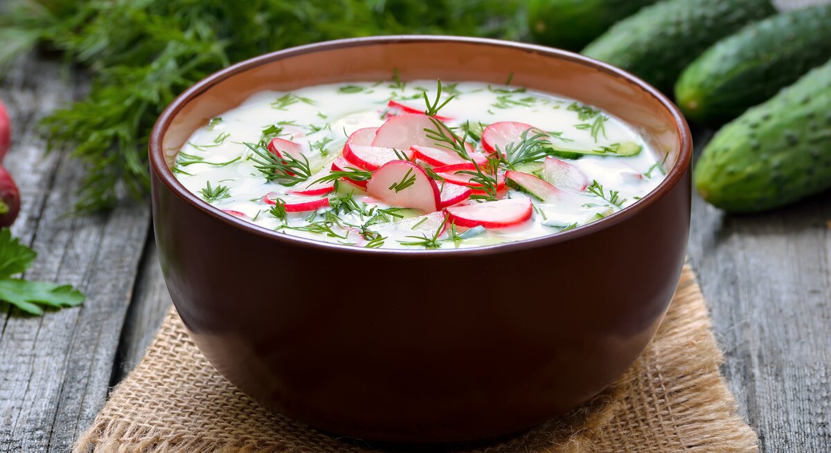 Braune Schale gefüllt mit einer kalten Joghurtsuppe, dekoriert mit Radieschen und Dill. 