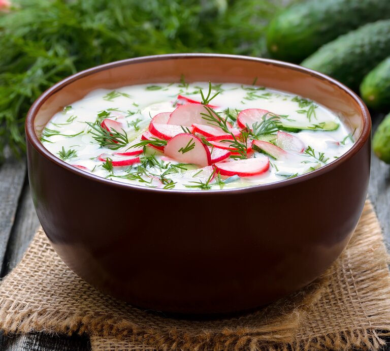 Braune Schale gefüllt mit einer kalten Joghurtsuppe, dekoriert mit Radieschen und Dill.  | © iStock/ Nadezhda_Nesterova