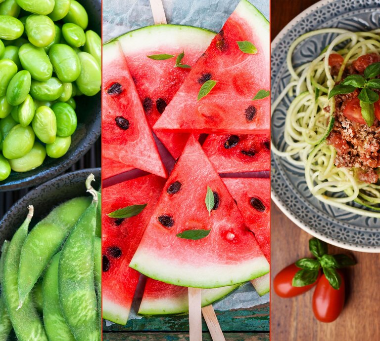 Lebensmittel, bei denen man getrost zugreifen kann sind z.B. Edamame, Melone und Zucchininudeln (Zoodles) | © iStock [M]