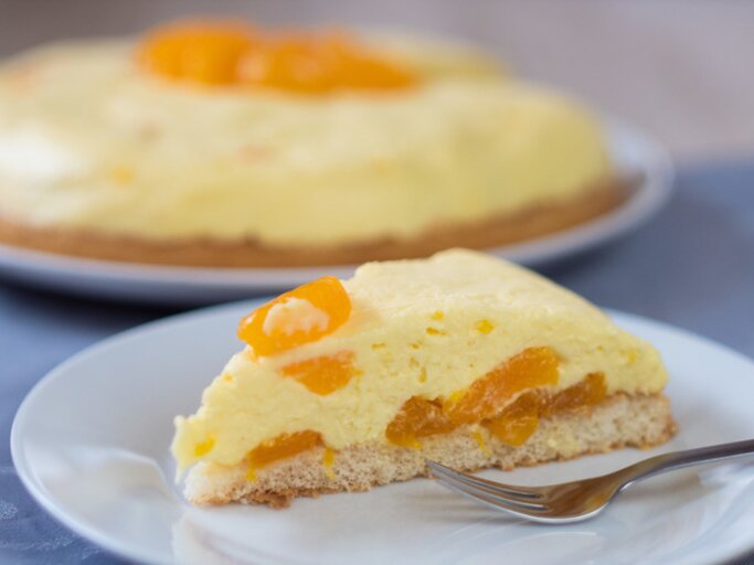 Ein angeschnittenes Stück Schüttelkuchen mit Mandarinen auf einem weißen Teller.  | © BILD der FRAU/Mayté Richter