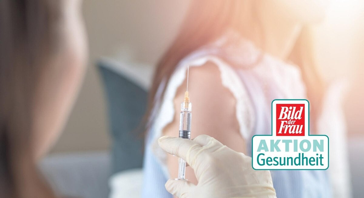 Im Vordergrund eine Spritze, dahinter verschwommen der Oberarm einer Frau. Daneben das Logo der "Aktion Gesundheit" von BILD der FRAU.