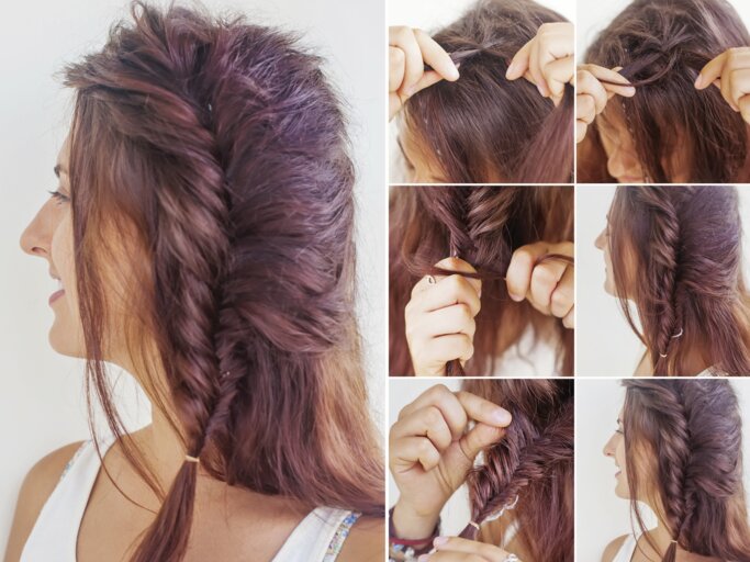 Collage und Anleitung einer Frisur mit Fischgrätenzopf | © iStock / LiudmylaSupynska