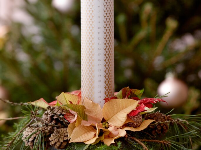 Adventsskerze mit Weihnachtsstern-Gesteck | © starsuniteeurope.eu