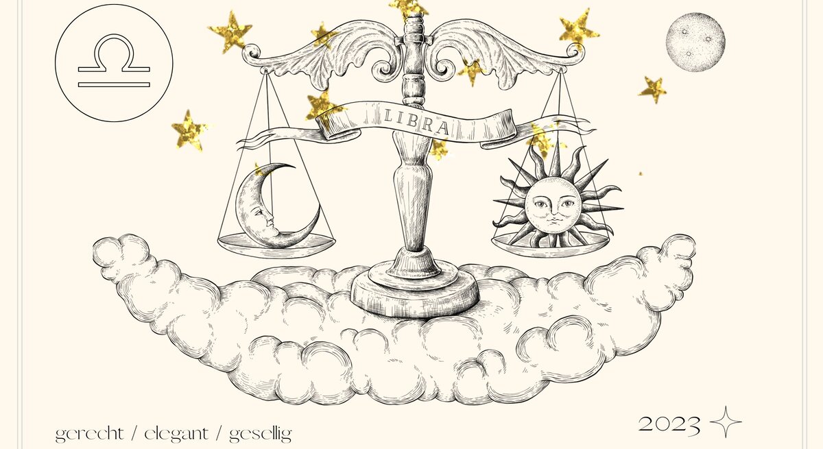 Jahreshoroskop Waage: Astrologisches Symbol des Sternzeichens Waage vor pastellgelbem Hintergrund.