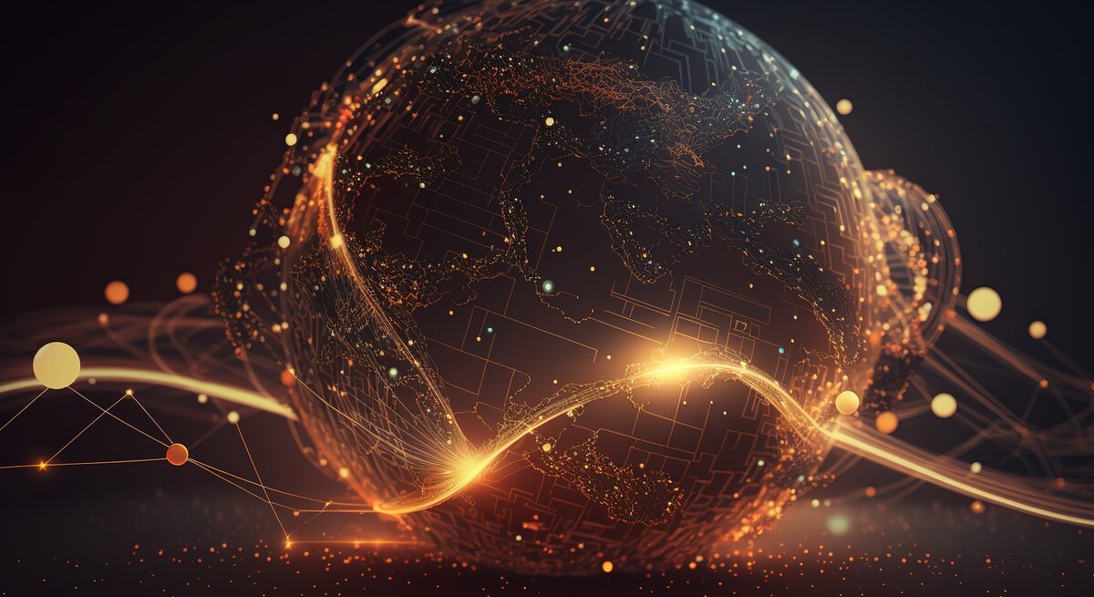 Ein Planet ist umgeben von einem Lichternetz der Technoloigie. Die Farben sind Braun und Gold und die Atmosphäre des Bildes ist sehr futuristisch und technisch.