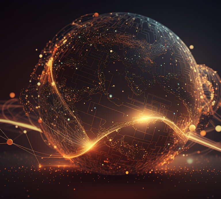 Ein Planet ist umgeben von einem Lichternetz der Technoloigie. Die Farben sind Braun und Gold und die Atmosphäre des Bildes ist sehr futuristisch und technisch. | © Adobe Stock/ Zaleman [M]