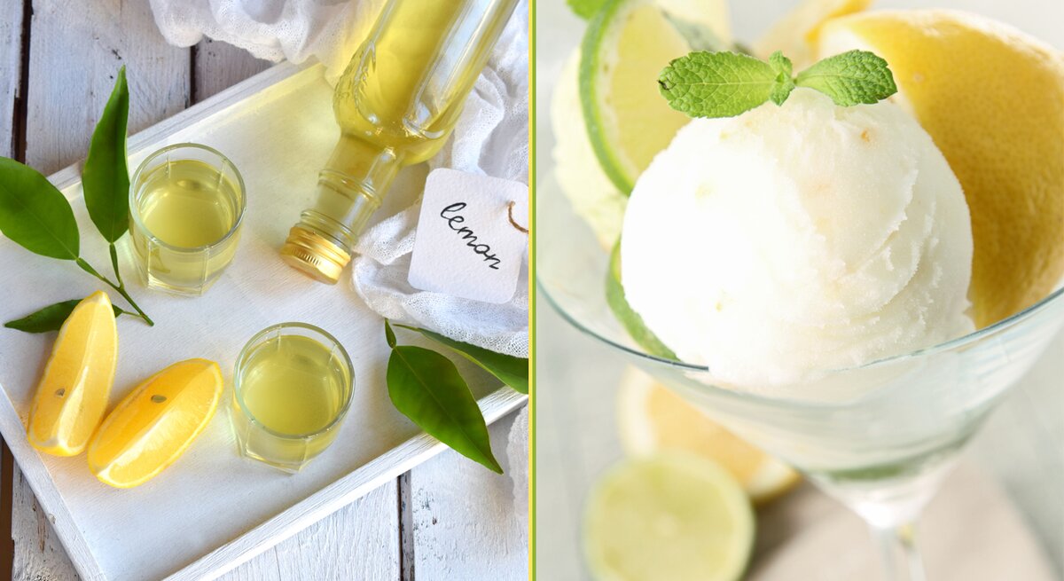 Eine Collage aus einem Bild mit Limoncello und einem mit Zitroneneis. Alles direkt von oben fotografiert.