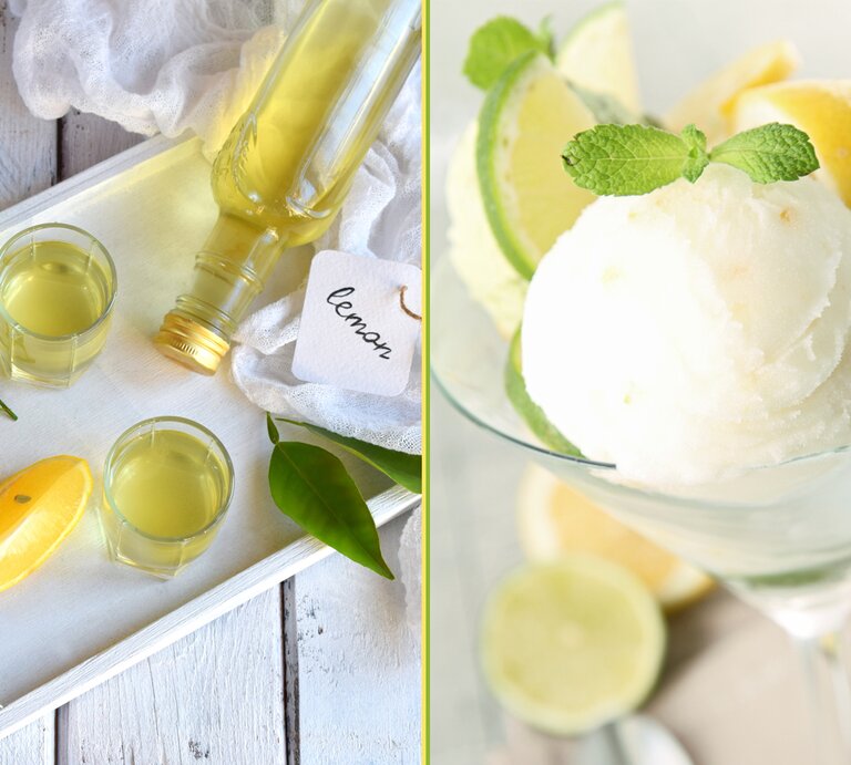 Eine Collage aus einem Bild mit Limoncello und einem mit Zitroneneis. Alles direkt von oben fotografiert. | © iStock (2) Collage BILD der FRAU