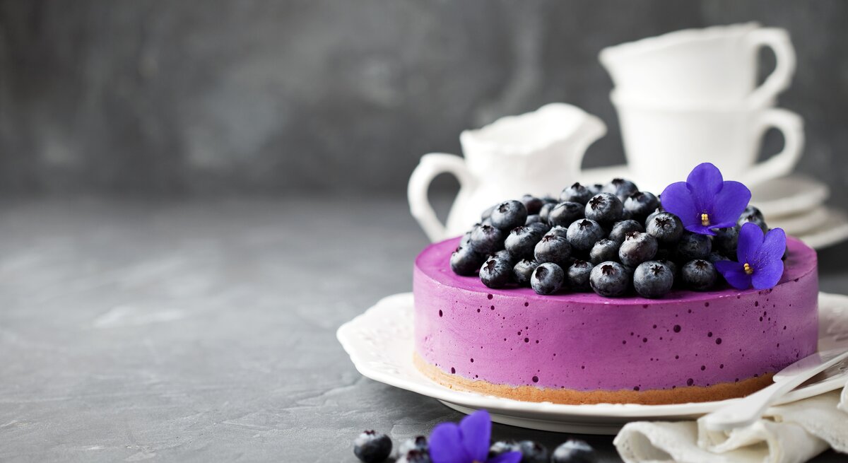 Lila Käsekuchen auf einem weißen Teller. 