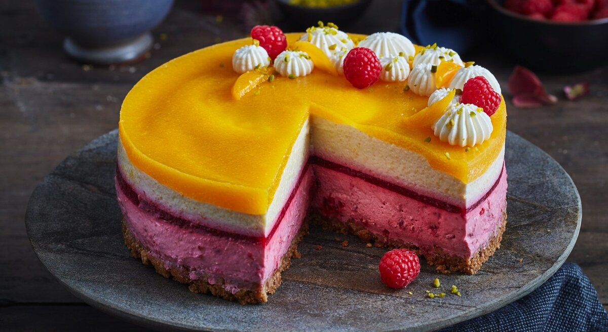 Pfirsich-Melba-Torte auf dunklem Teller mit dunklem Hintergrund. 