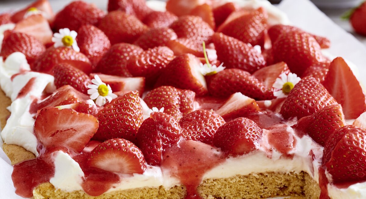 Der angeschnittene Erdbeer-Kuchen in der Nahaufnahmen mit Frühlingsblumen. 