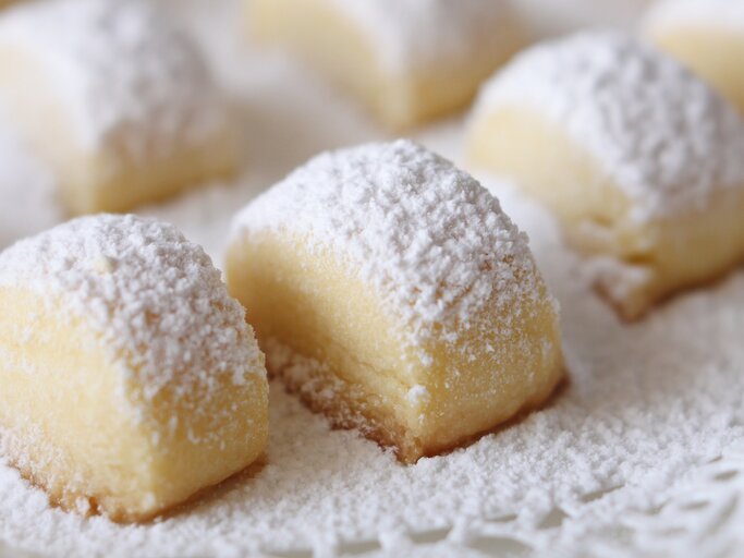 Weihnachtsplätzchen in Gnocchi-Form bestreut mit Puderzucker. | © GettyImages/PinoDita