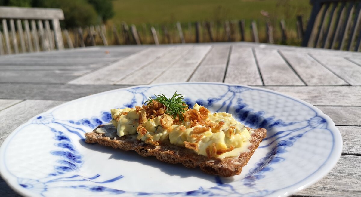 Scheibe Knäckebrot belegt mit dänischem Eiersalat. Dahinter eine dänische Landschaft.
