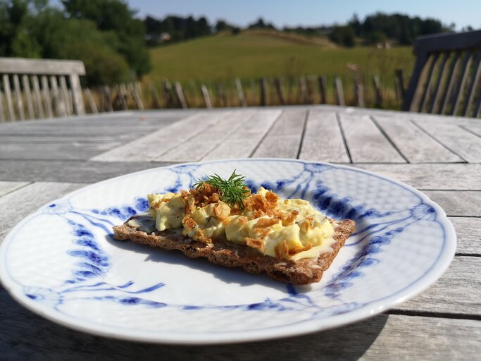 Scheibe Knäckebrot belegt mit dänischem Eiersalat. Dahinter eine dänische Landschaft. | © BILD der FRAU