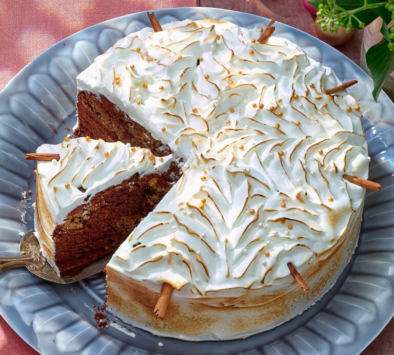 Zimtstern-Marmorkuchen mit Baiserhaube auf einem blauen Teller auf rosa Hintergrund.  | © Matthias Liebich