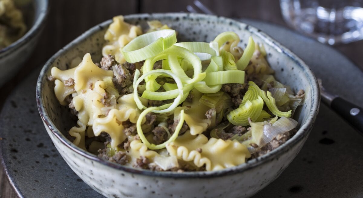 Draufsicht, schräg: eine Schüssel mit einer Hackfleisch-Lauch-Pfanne mit Pasta.