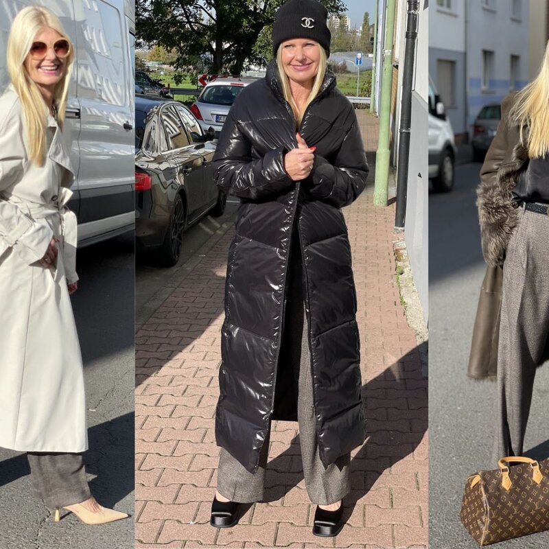 Frau mit langem blondem Haar im weißen Trenchcoat, grauer Hose und beigefarbenen Schuhen steht neben einem Lieferwagen. | © Renate Zott, Canva [M]