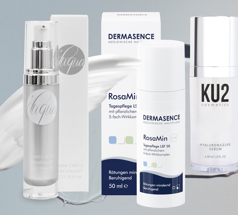Iluqua Augenringe-Serum, RosaMin Tagespflege mit LSF 50 von Dermasence und Hyaluronsäure Serum von KU2 cosmetics  | © Getty Images, Iluqua, Dermasence, KU2 Cosmetics [M]