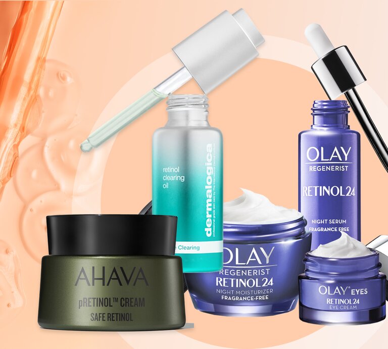 Retinol Clearing Oil von dermalogica, pRetinol Cream von AHAVA und  "Retinol24", die Retinol-Regenerist-Serie von Olay | © Getty Images, Ahava, Olay, dermalogica [M]