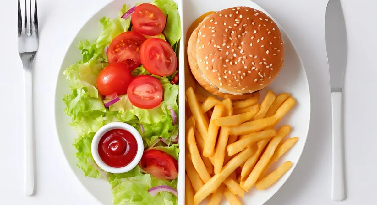 Ein geteil­ter Teller zeigt auf der einen Seite einen Burger mit Pommes und auf der anderen frischen Salat mit Tomaten – Sinnbild für unterschiedliche Ernährungsweisen und Stoffwechseltypen.