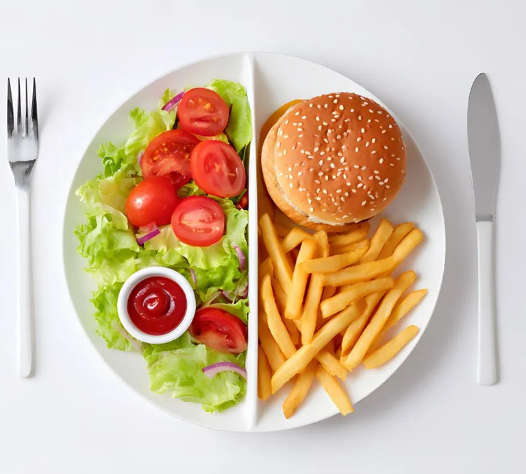 Ein geteil­ter Teller zeigt auf der einen Seite einen Burger mit Pommes und auf der anderen frischen Salat mit Tomaten – Sinnbild für unterschiedliche Ernährungsweisen und Stoffwechseltypen. | © Oksana Latysheva via Canva.com