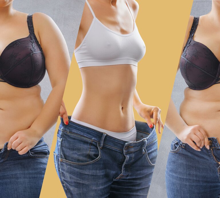 Collage mit drei Ansichten eines weiblichen Oberkörpers in Jeans: links und rechts mit sichtbarem Bauchfett, in der Mitte eine schlankere Taille; Darstellung einer Gewichtsabnahme ohne Gesicht. | © Adobe Stock/ Igor Link [M]