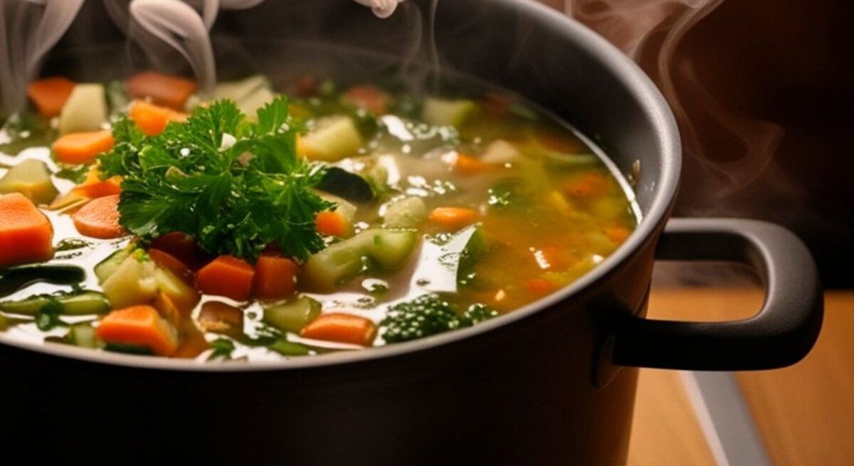 Ein schwarzer Kochtopf mit dampfender Gemüsesuppe auf einem Herd; sichtbar sind Karotten, Sellerie, Zucchini und Kräuter in klarer Brühe.