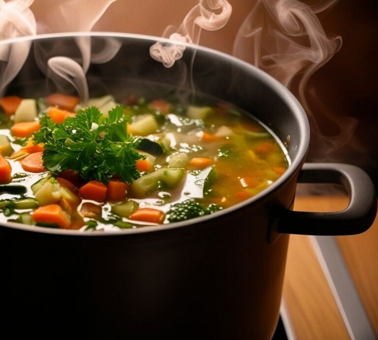 Ein schwarzer Kochtopf mit dampfender Gemüsesuppe auf einem Herd; sichtbar sind Karotten, Sellerie, Zucchini und Kräuter in klarer Brühe. | © Alemedia.id/ SUMALI IBNU CHAMID via Canva.com