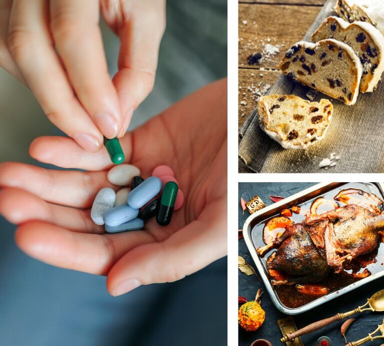 Hand mit verschiedenen Nahrungsergänzungskapseln, daneben aufgeschnittene Scheiben Weihnachtsstollen und ein gebratener Gänsebraten in einer Auflaufform. | © Getty Images/ Alexandr Muşuc, Getty Images/ Fabian Krueger und Mykola Lunov via Canva.com [M]