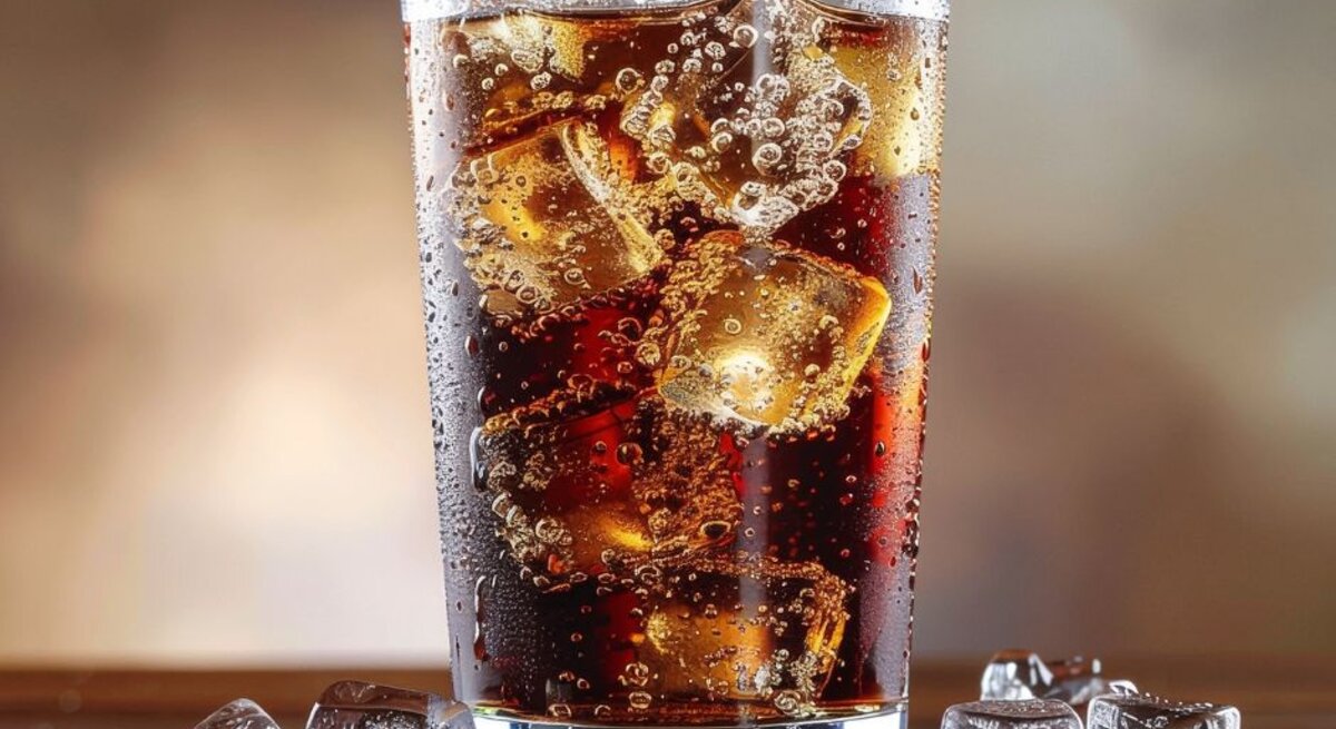Glas mit Cola und Eiswürfeln auf einem Tisch vor einem braunen Hintergrund.