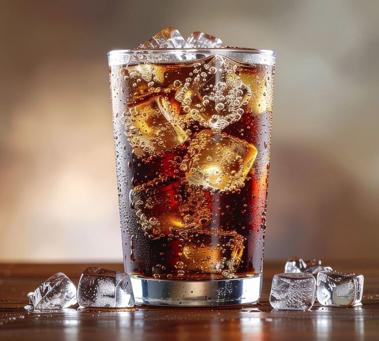 Glas mit Cola und Eiswürfeln auf einem Tisch vor einem braunen Hintergrund. | © TrueCreatives via Canva.com