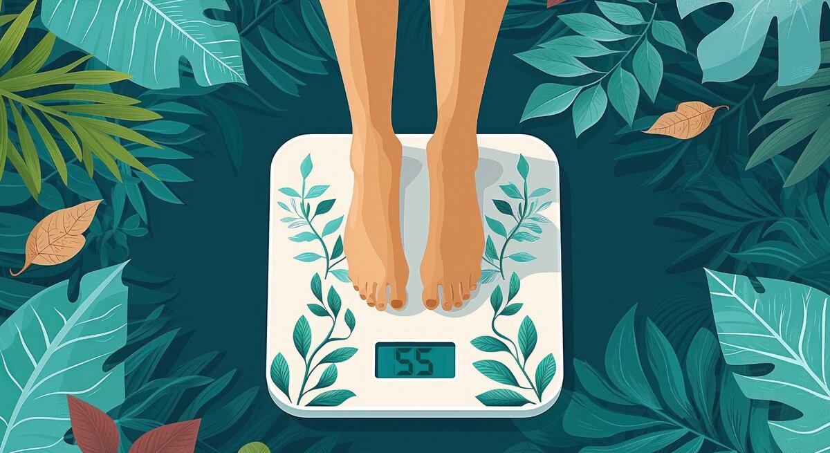 Illustration: Eine Person steht barfuß auf einer digitalen Waage, die 55 kg anzeigt. Die Waage ist mit Pflanzenmotiven verziert. Um die Waage herum sind große, bunte Blätter und Pflanzen in verschiedenen Grüntönen und herbstlichen Farben arrangiert.