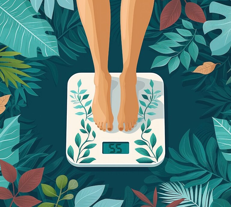 Illustration: Eine Person steht barfuß auf einer digitalen Waage, die 55 kg anzeigt. Die Waage ist mit Pflanzenmotiven verziert. Um die Waage herum sind große, bunte Blätter und Pflanzen in verschiedenen Grüntönen und herbstlichen Farben arrangiert. | © Adobe Stock/ ArtMajestic (KI generiert)