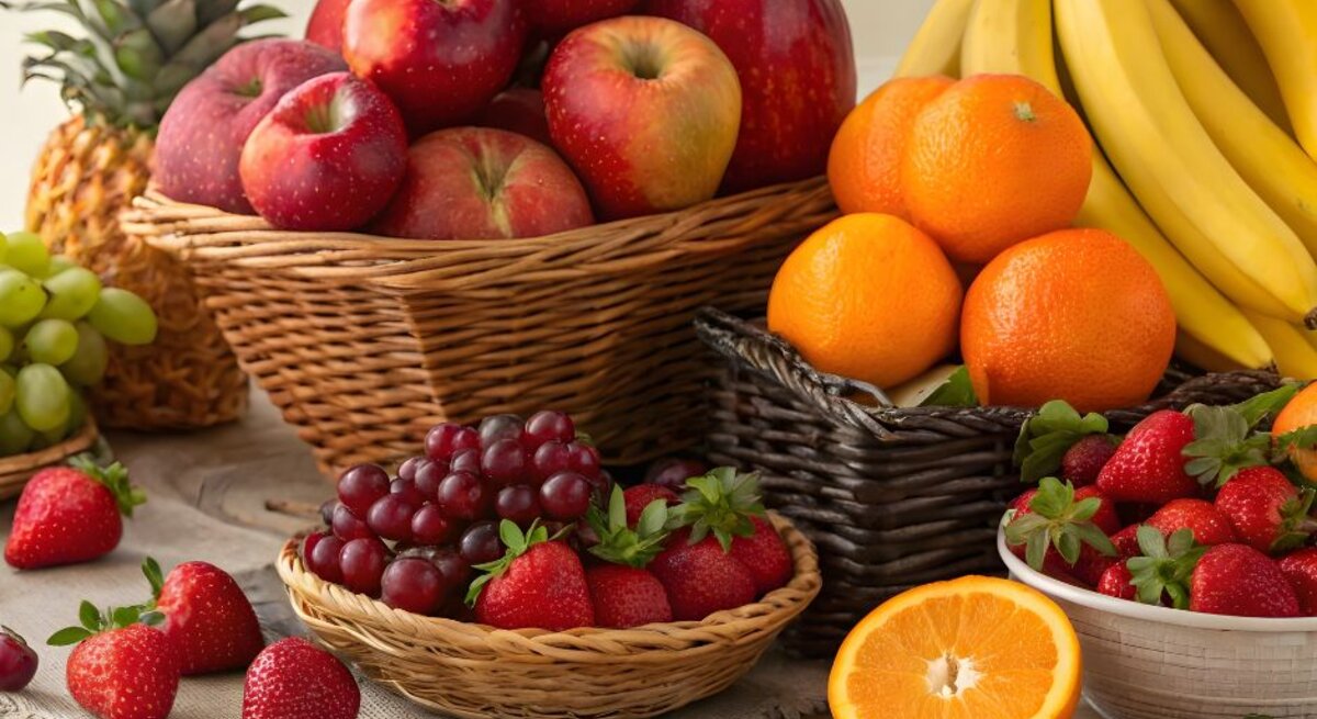 Ein Arrangement von frischem Obst auf einem Tisch, darunter rote Äpfel in einem Flechtkorb, leuchtend gelbe Bananen, saftige Orangen, rote Trauben, grüne Weintrauben, reife Erdbeeren und eine aufgeschnittene Orange. Im Hintergrund ist eine Ananas zu sehen.