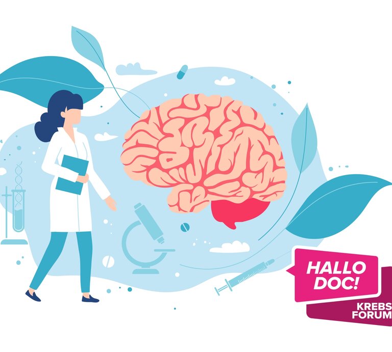 Das Bild zeigt eine Illustration mit einer Ärztin im weißen Kittel, die ein Klemmbrett in der Hand hält. Im Hintergrund ist ein großes, stilisiertes Gehirn abgebildet, umgeben von wissenschaftlichen Symbolen wie einem Mikroskop, einem Reagenzglas und medizinischen Symbolen. Im Vordergrund steht ein pinkes Sprechblasen-Logo mit der Aufschrift „HALLO DOC! KREBS FORUM“. Die Szene vermittelt den Eindruck von Forschung und Beratung im medizinischen Bereich, speziell im Zusammenhang mit dem Thema Hirntumoren und Krebs. | © Adobe Stock/ Kyrylenko