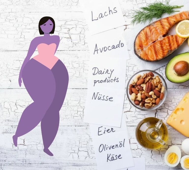 Illustration einer Frau mit betonten Hüften und Beinen; rechts ein Flatlay mit Lachs, Avocado, Nüssen, Käse, Eiern und Olivenöl sowie Zetteln. | © Adobe Stock/ Tatiana und Getty Images/ yulka3ice via Canva.com (KI-generiert) [M]