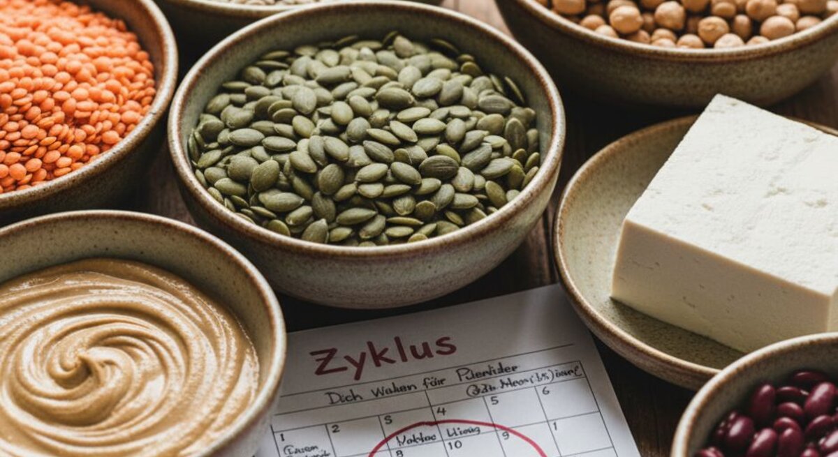 Schalen mit eisenreichen Lebensmitteln – rote Linsen, Sonnenblumenkerne, Kichererbsen, Kürbiskerne, Tahini, Tofu und Kidneybohnen – daneben ein Kalenderblatt mit rot markiertem Zyklus.
