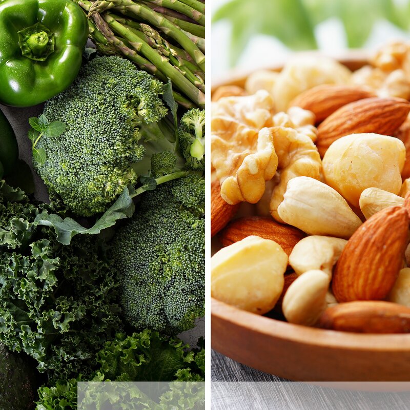 Links buntes grünes Gemüse wie Brokkoli, Grünkohl und Paprika, rechts ein Mix aus Mandeln, Cashews und Walnüssen in Nahaufnahme. | © stock.adobe.com/emmi und stock.adobe.com/nadianb