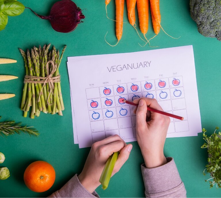 Ein Kalenderblatt mit der Aufschrift „Veganuary“ liegt auf einem grünen Hintergrund, umgeben von frischem Gemüse wie Karotten, Brokkoli, Paprika, Basilikum, Spargel und kleinen Tomaten. Eine Person markiert mit einem roten Stift einen Tag auf dem Kalender. Der Fokus liegt auf einer gesunden und veganen Ernährung. | © Adobe Stock/ okrasiuk