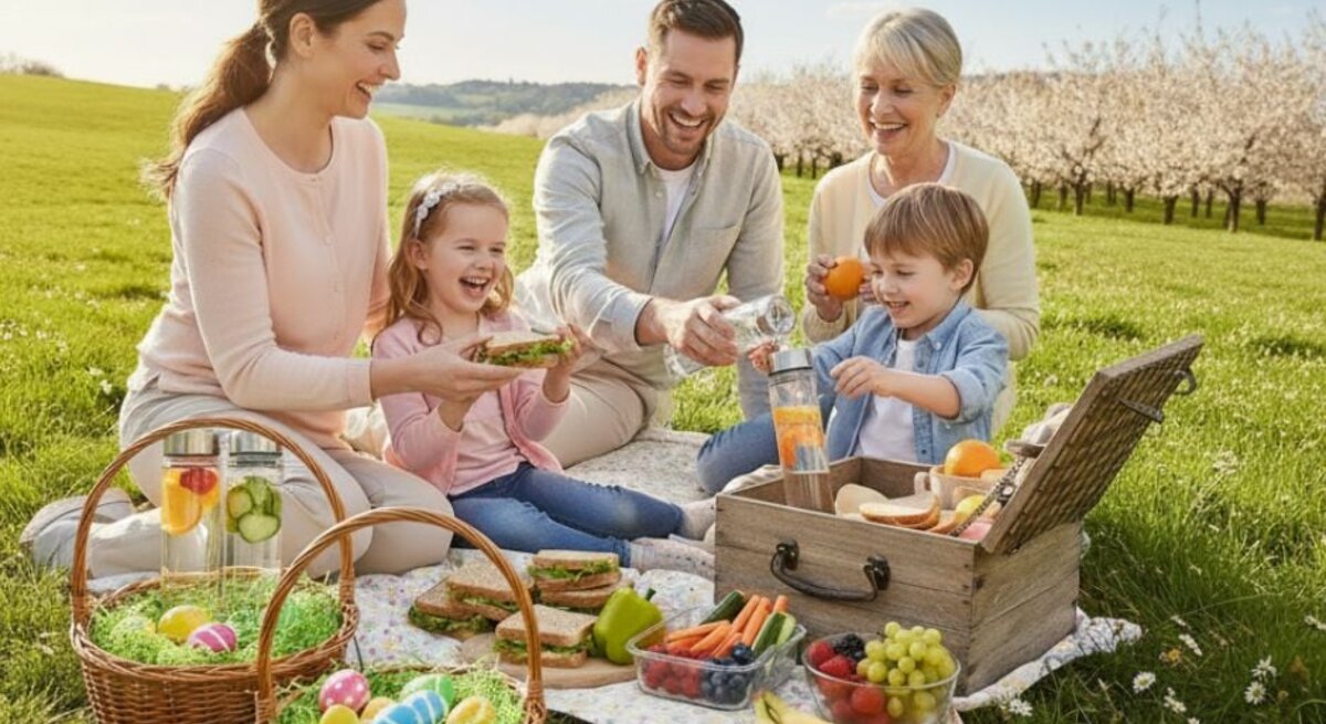 Eine Familie sitzt bei einem Picknick auf einer Wiese. Auf einer Decke liegen Sandwiches, Obst, Gemüse, Getränke und zwei Osterkörbe mit bunten Eiern. Im Hintergrund blühen Bäume und der Himmel ist blau mit wenigen Wolken. Alle Personen sind entspannt und genießen gemeinsam das Essen im Freien.