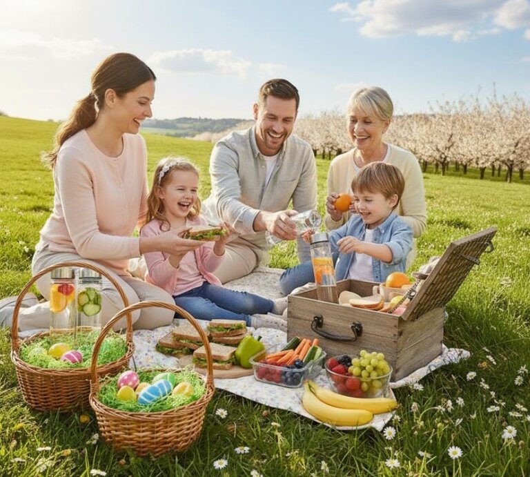 Eine Familie sitzt bei einem Picknick auf einer Wiese. Auf einer Decke liegen Sandwiches, Obst, Gemüse, Getränke und zwei Osterkörbe mit bunten Eiern. Im Hintergrund blühen Bäume und der Himmel ist blau mit wenigen Wolken. Alle Personen sind entspannt und genießen gemeinsam das Essen im Freien. | © OpenAI (KI generiert)