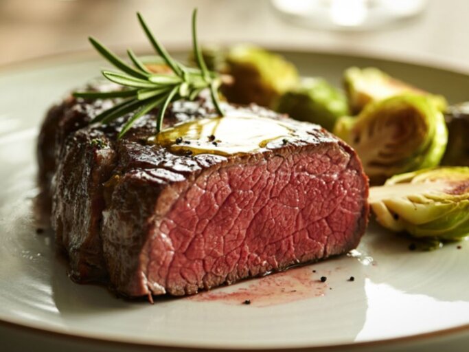 Saftiges, medium-rare gebratenes Rinderfilet mit rosigem Kern und angebratener Kruste, garniert mit Rosmarin und etwas Öl; dazu geröstetes Gemüse, vermutlich Rosenkohl, auf einem hellen Teller. | © Octavian Grigorescu's Images via Canva.com