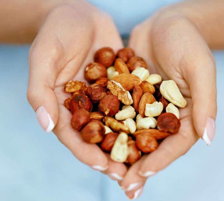 Nahaufnahme von zwei geöffneten Händen, die eine gemischte Portion Nüsse halten. Zu sehen sind unter anderem Mandeln, Haselnüsse, Cashews und Walnüsse. Der Hintergrund ist unscharf und hellblau, wodurch die Nüsse im Mittelpunkt stehen.“ | © Getty Images/ puhhha via Canva.com