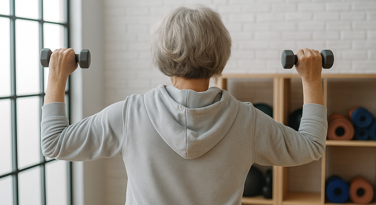 Ältere Frau mit grauem Haar hebt zwei Hanteln in einem hellen Fitnessraum mit Regal und großen Fenstern im Hintergrund.